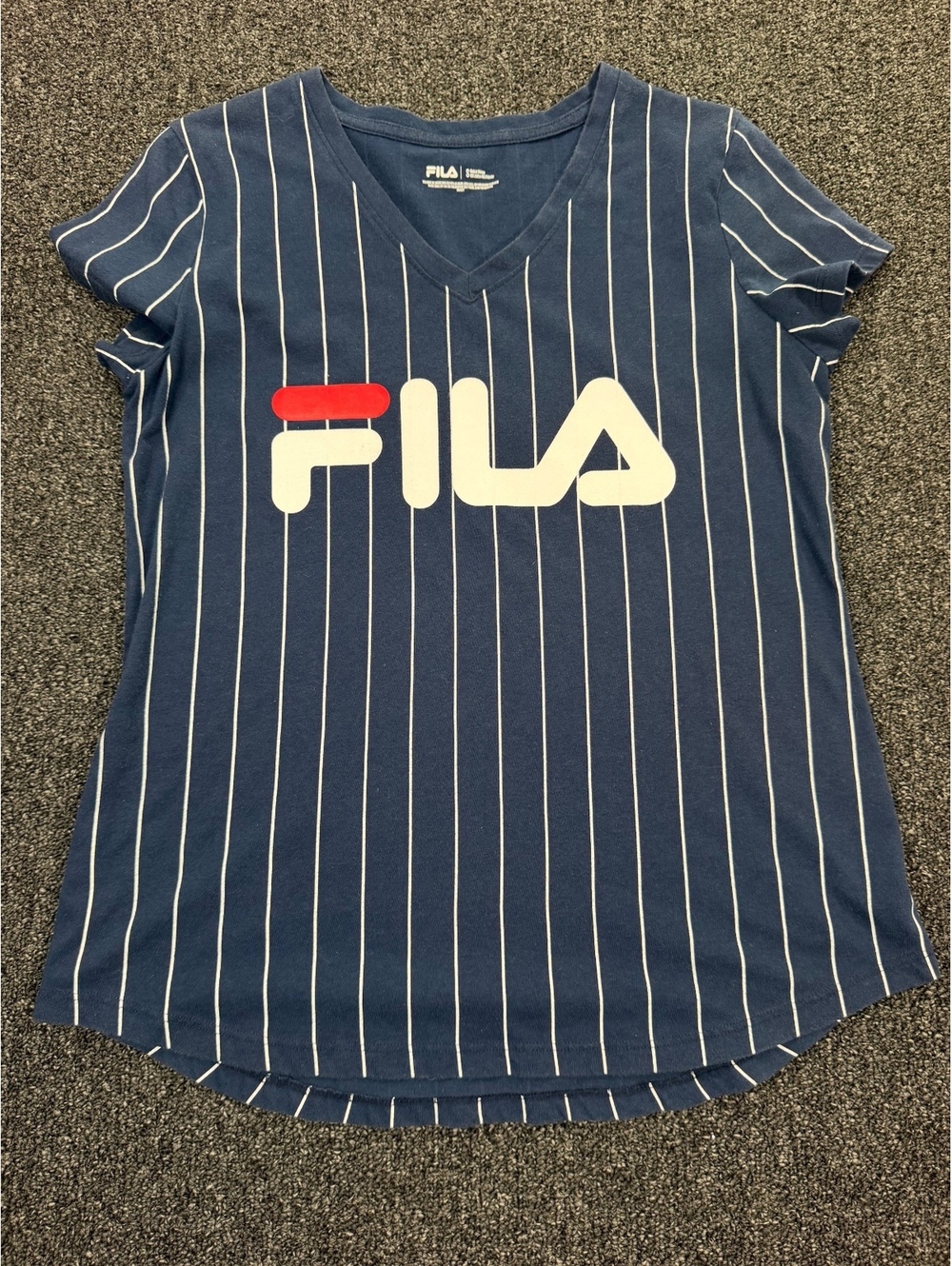 Fila Women's Navy Blue V-Neck Striped T-Shirt y2k